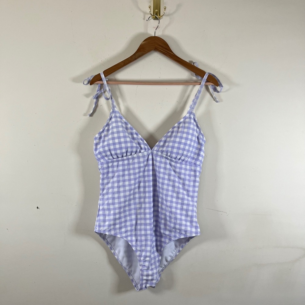 Kona Sol Gingham One Piece Swim‎ Suit Purple White Size Large Adjustable Straps